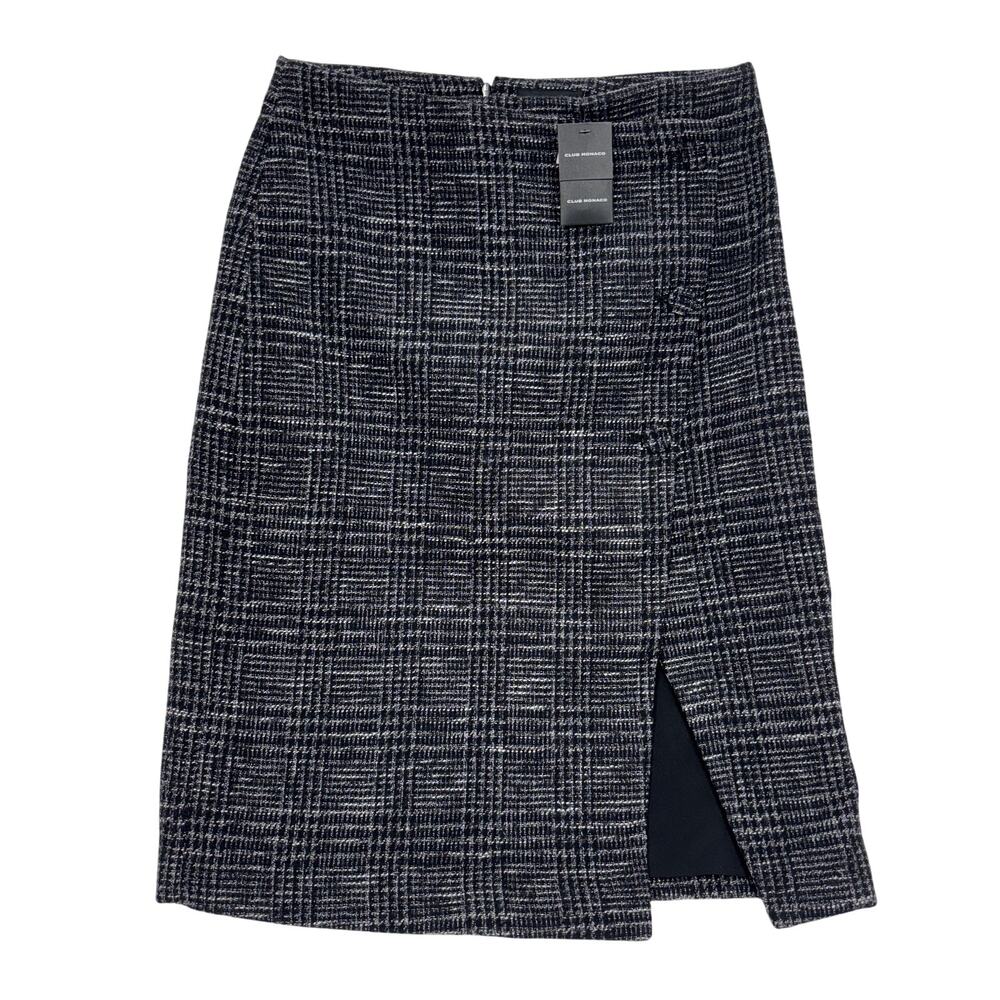 Club Monaco Size 10 Cutaway Pencil Skirt Black Mix Tweed Plaid Wool Blend NWT